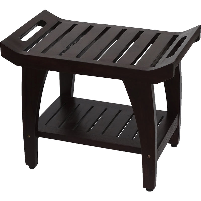 Contemporary Teak Shower Bench With Shelf And Handles In Brown Finish - Bed & Bath