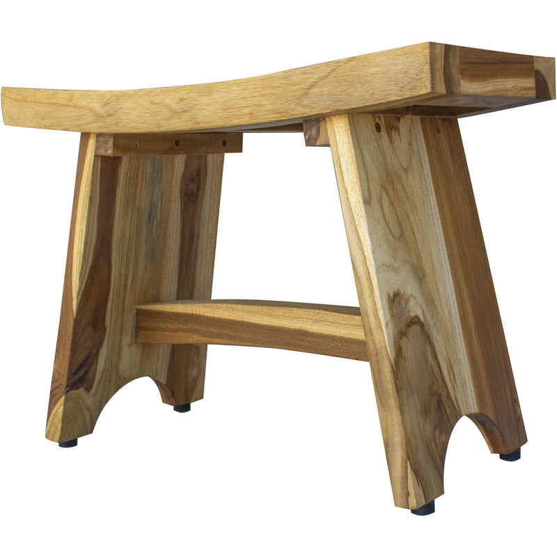 Natural teak outdoor bench with curved seat frame, open base, tapered legs