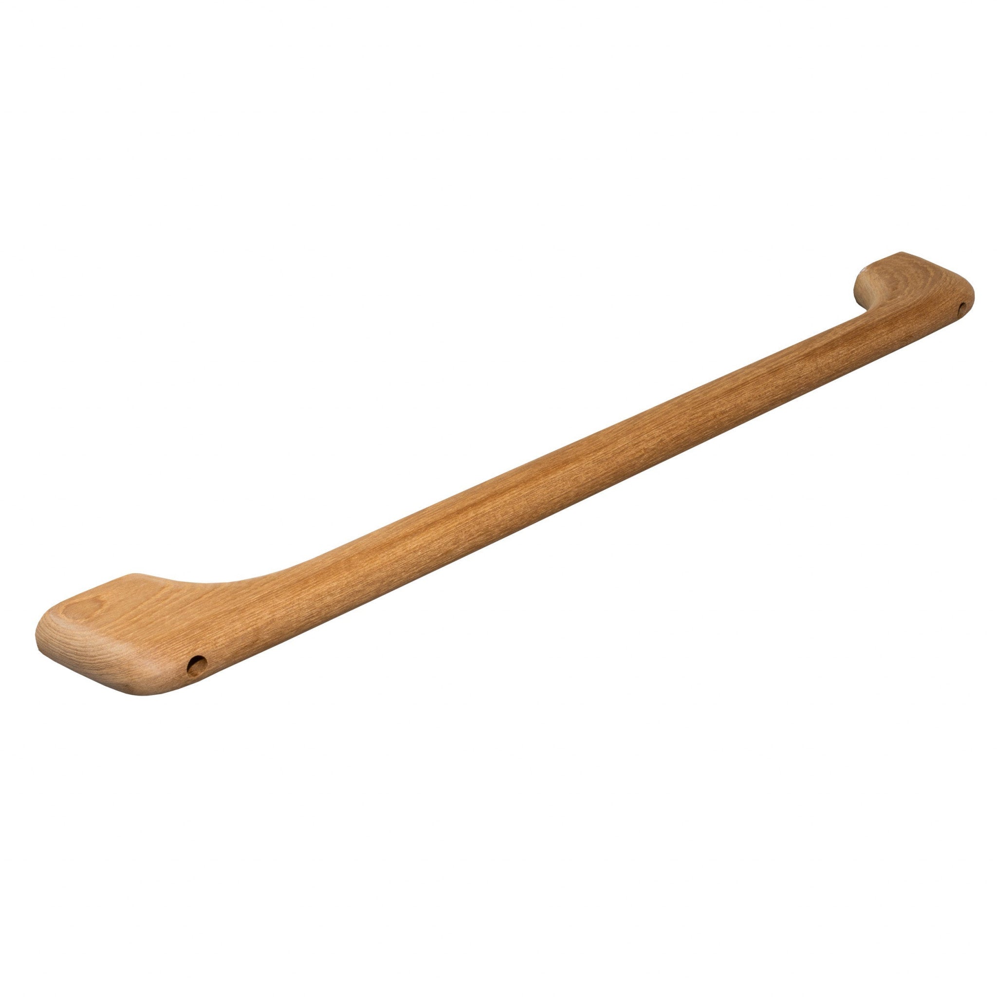 Solid teak towel bar with rounded mounting ends and smooth light-brown finish