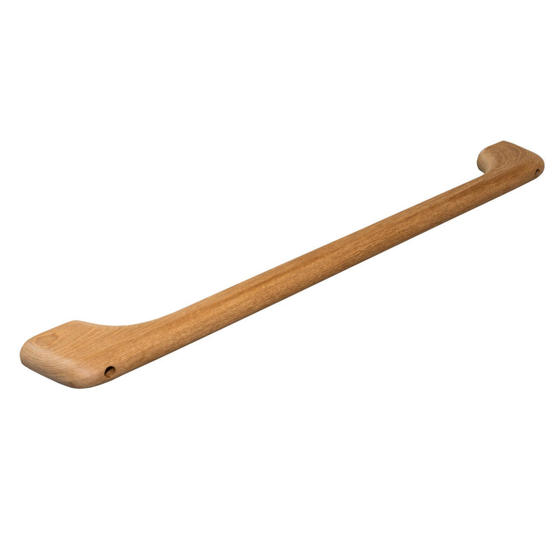 Solid teak towel bar with rounded mounting ends and smooth light-brown finish