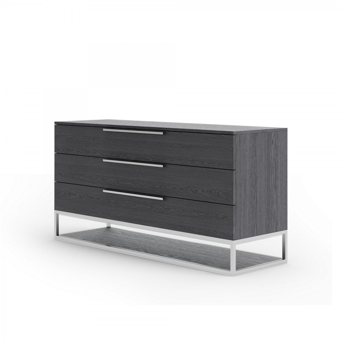 Grey three-drawer dresser with metal bar pulls and open-frame base.