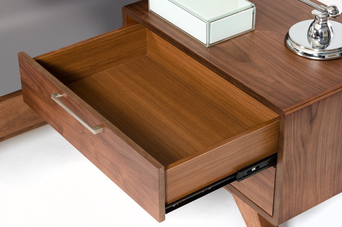 Two-drawer nightstand with top drawer open, showing warm wood interior