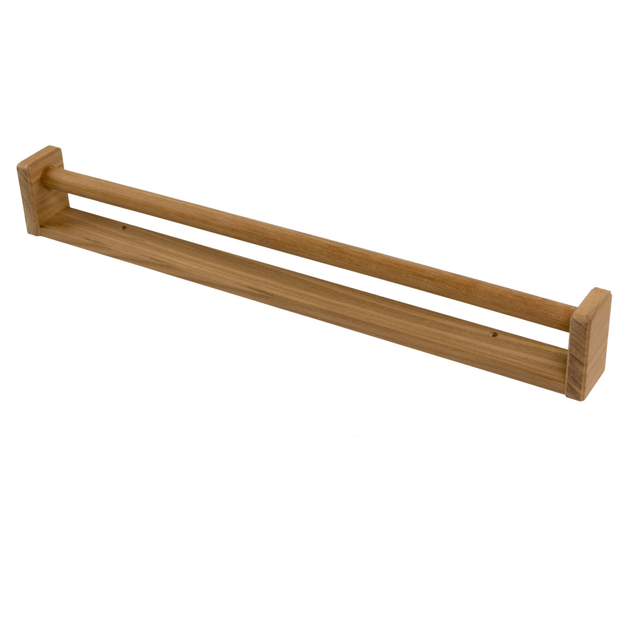 Solid teak towel bar with straight rod and square wall-mount brackets