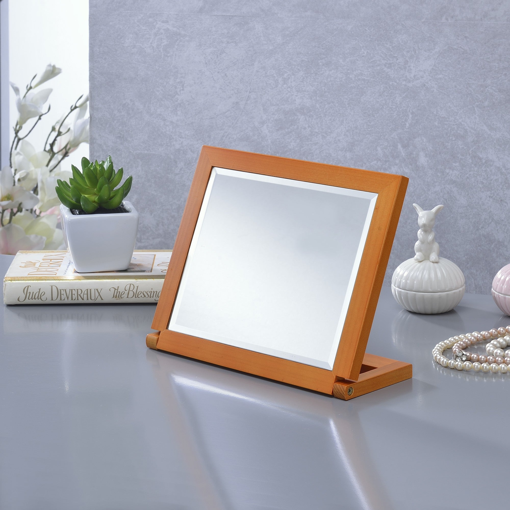 8" Brown Wood Framed Freestanding Makeup Shaving Tabletop Mirror - Bed & Bath