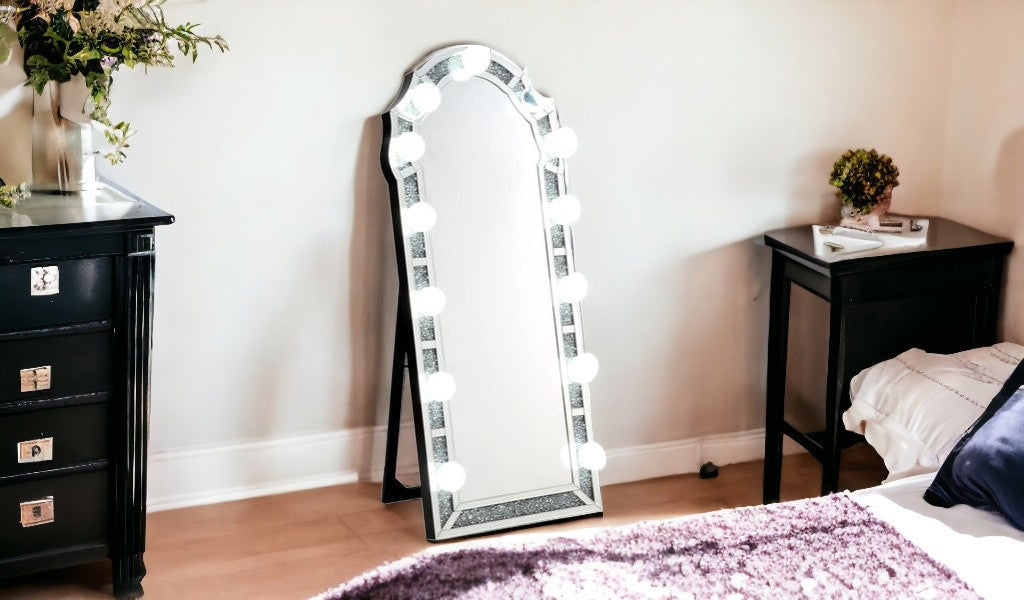 63" Mirrored & Faux Diamonds Cheval Standing Mirror - Home Decor