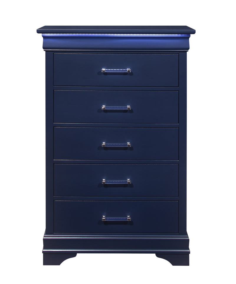 16" Blue Solid Wood Five Drawer Chest With LED Lighting - Bed & Bath