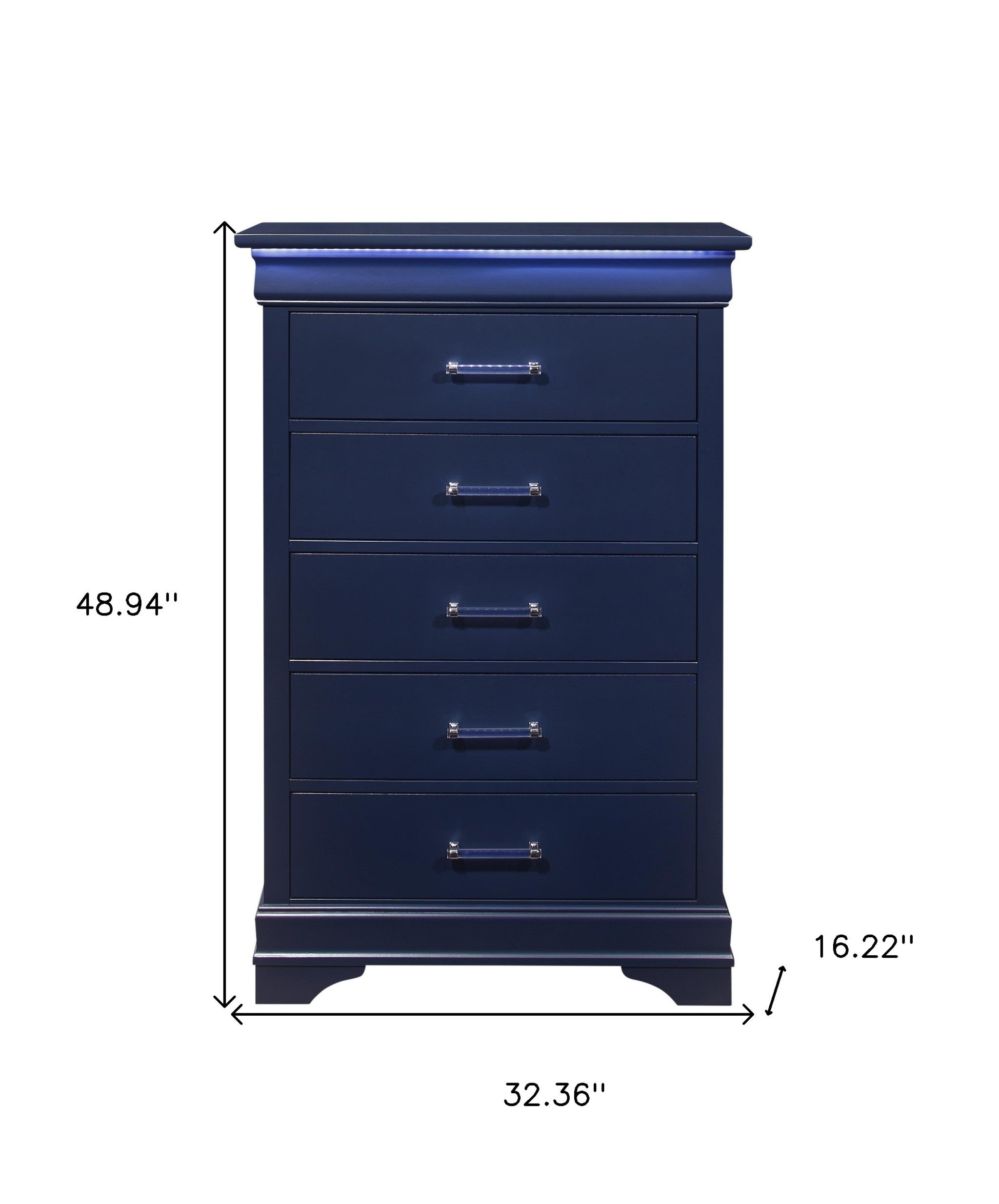 16" Blue Solid Wood Five Drawer Chest With LED Lighting - Bed & Bath
