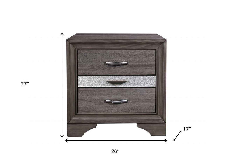 27" Gray Wood and Solid Wood Two Drawer Nightstand