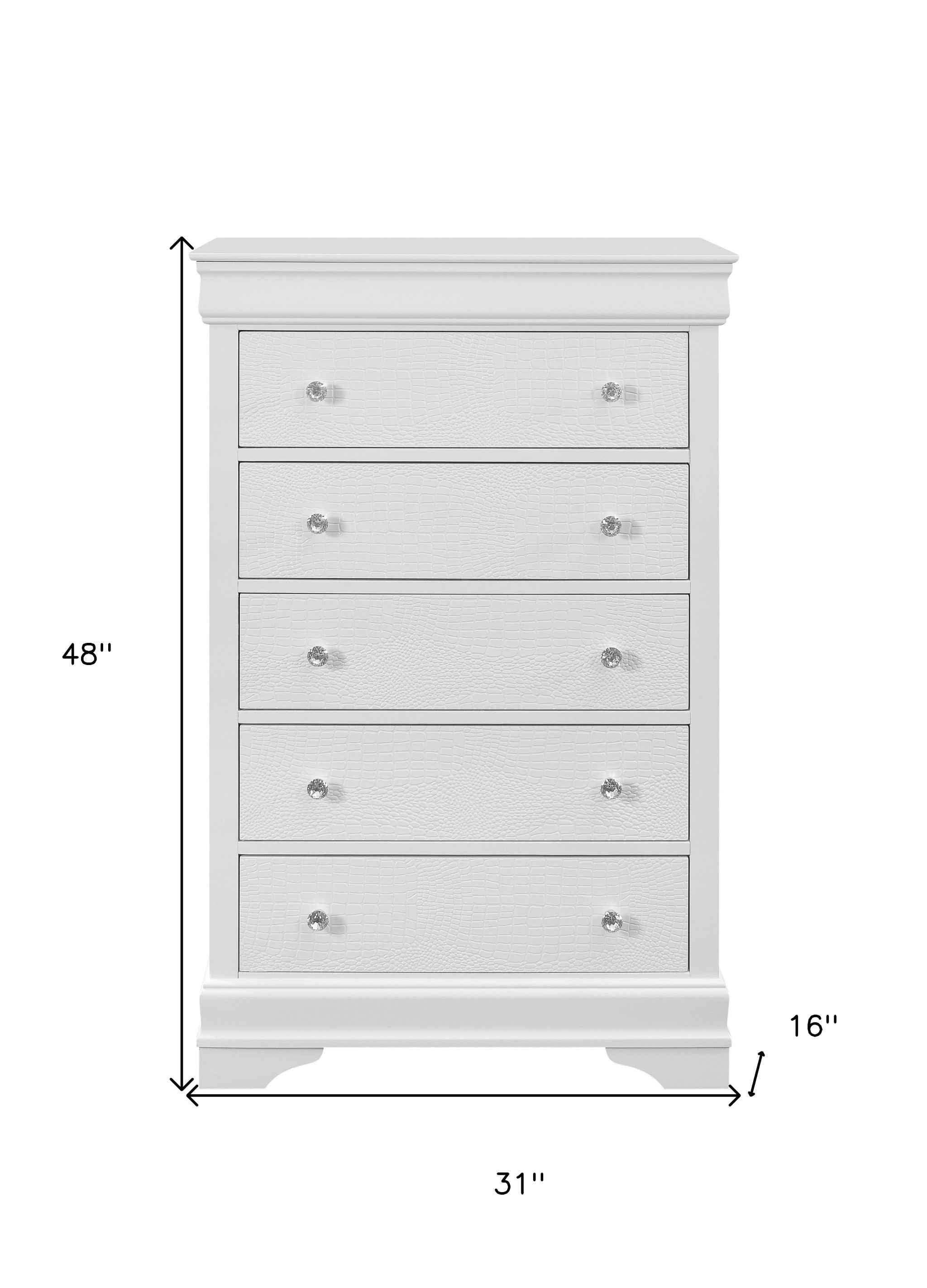 31" Metallic White Solid Wood Five Drawer Chest
