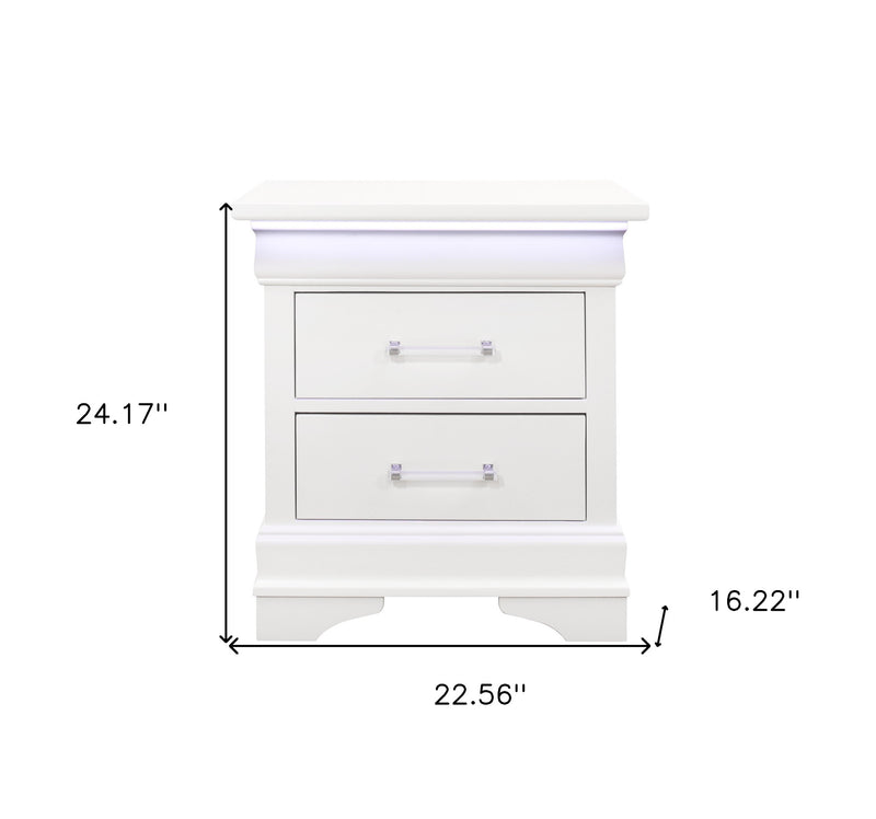 24" White Wood Lighted Two Drawer Nightstand