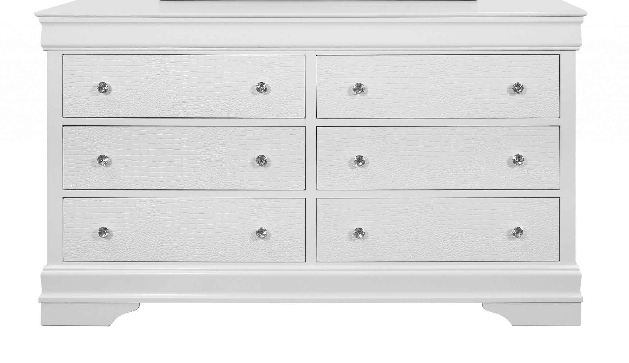58" Metallic White Solid Wood Six Drawer Double Dresser
