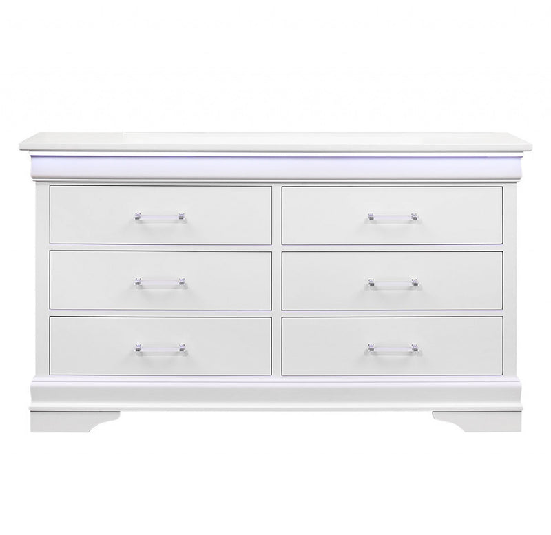 59" White Solid Wood Six Drawer Double Dresser with LED