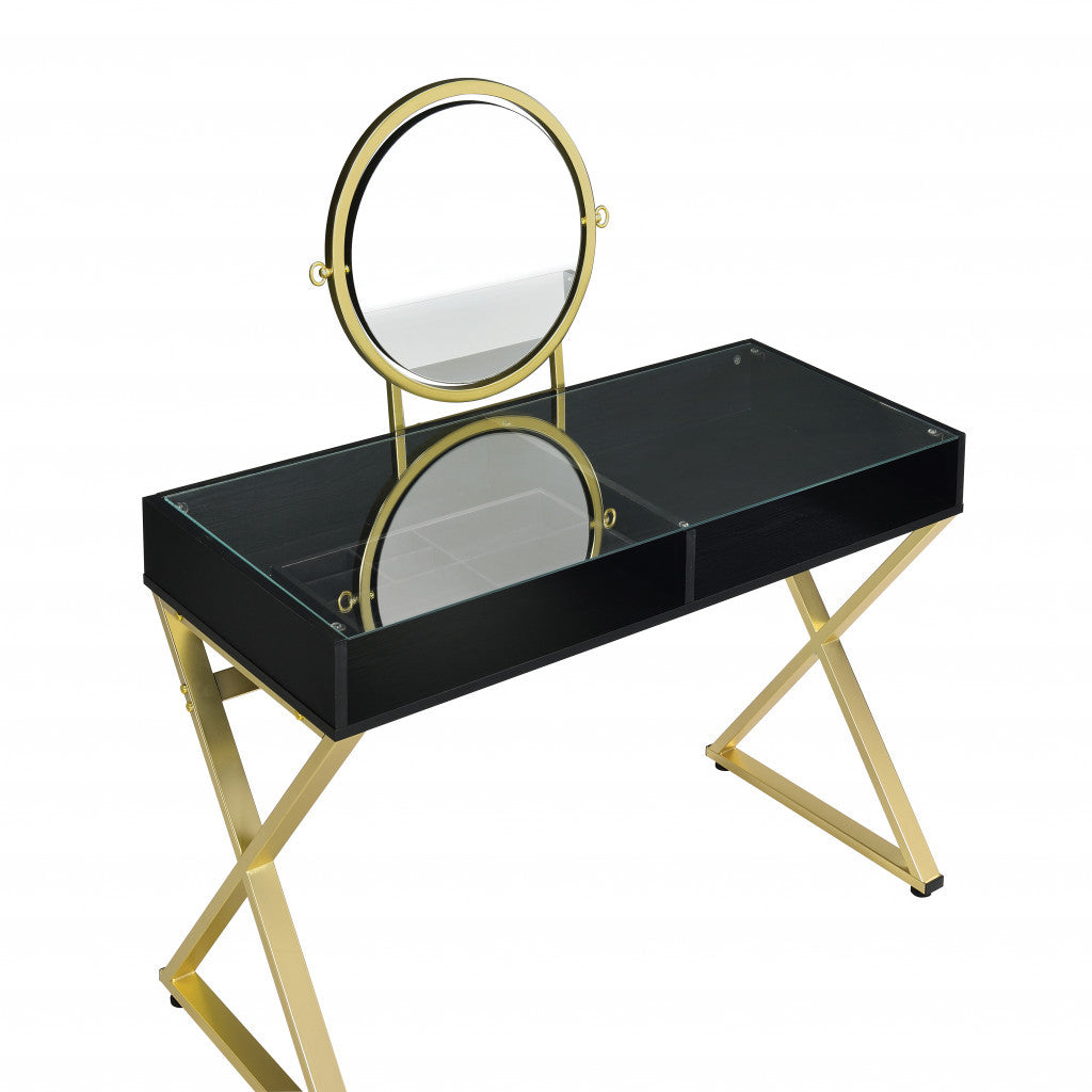 42" Black And Gold Glass and Wood Mirrored Vanity Table - Living Room