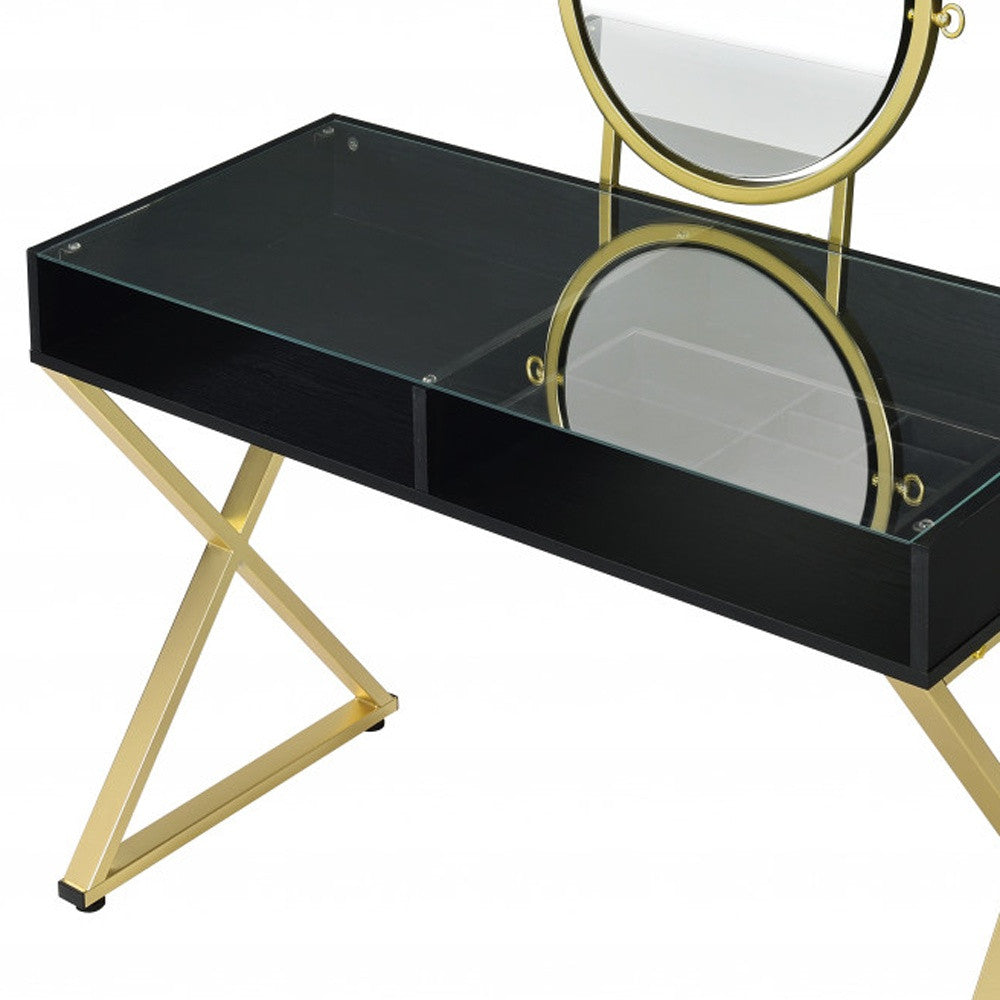 42" Black And Gold Glass and Wood Mirrored Vanity Table - Living Room
