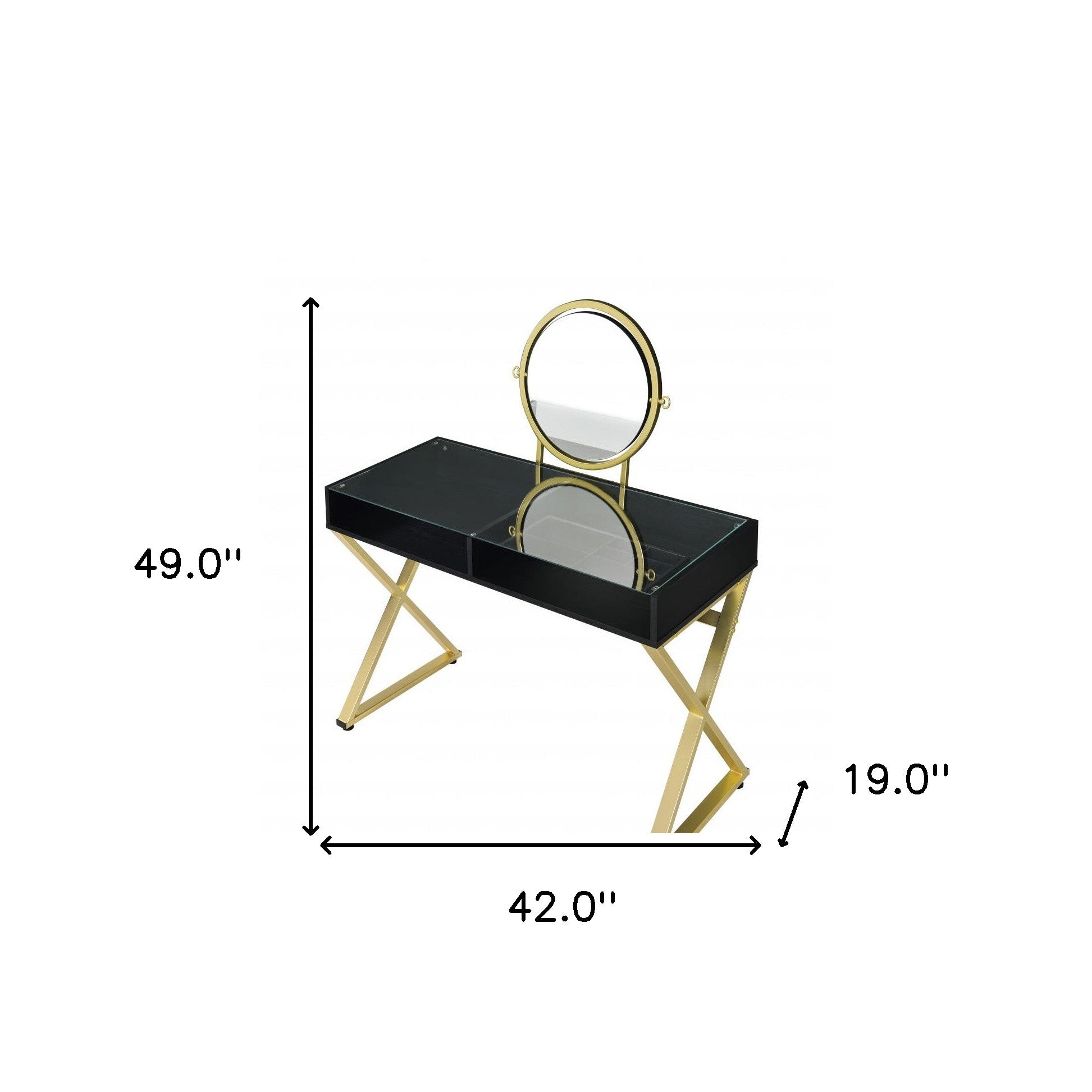 42" Black And Gold Glass and Wood Mirrored Vanity Table - Living Room