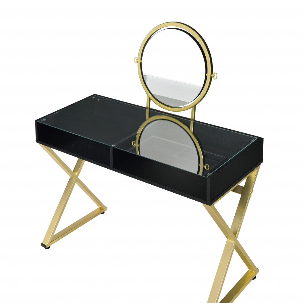 42" Black And Gold Glass and Wood Mirrored Vanity Table - Living Room