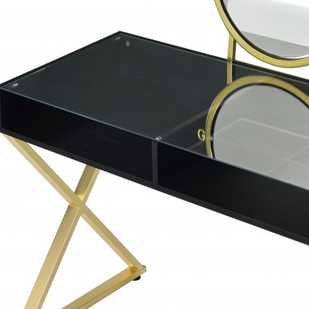 42" Black And Gold Glass and Wood Mirrored Vanity Table - Living Room