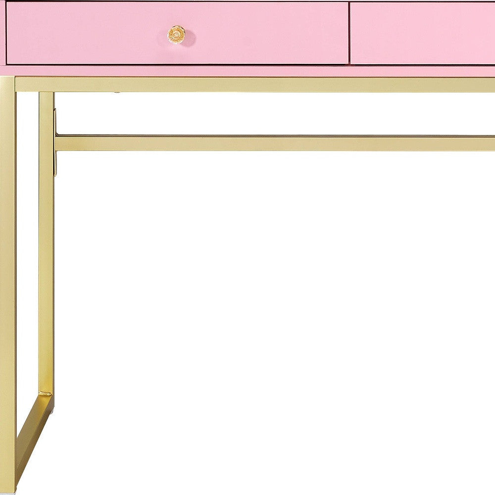 42" Gold And Pink Wood Vanity Table With Mirror And Two Drawers - Living Room