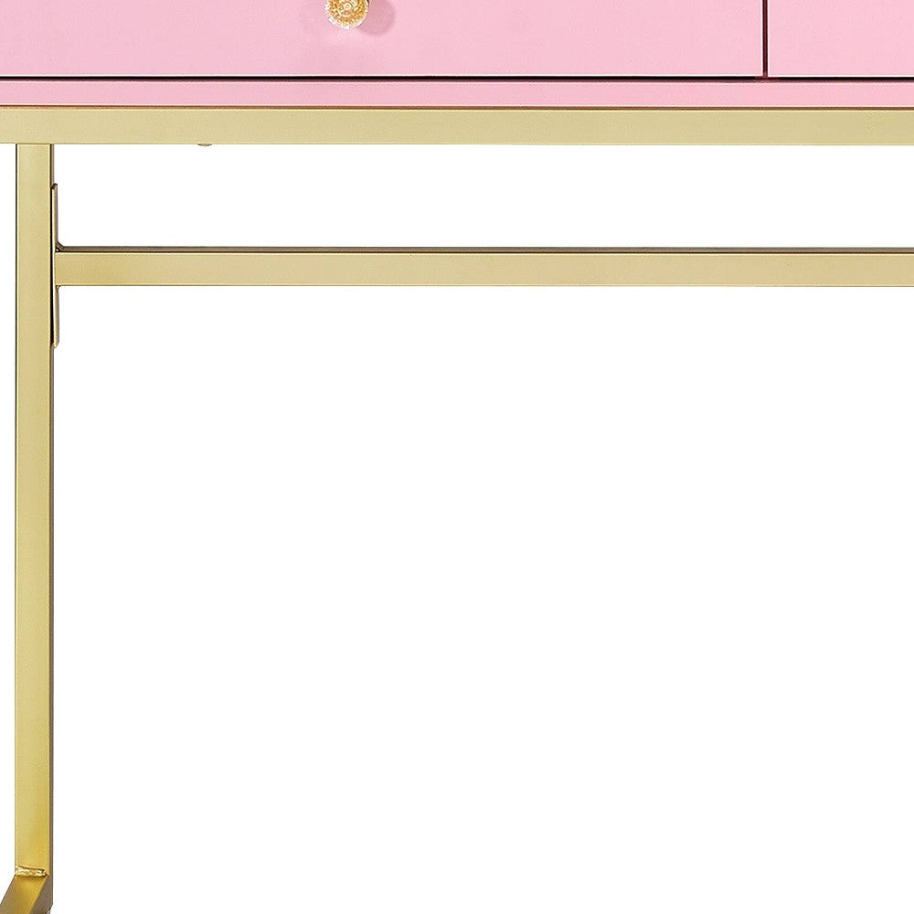 42" Gold And Pink Wood Vanity Table With Mirror And Two Drawers - Living Room