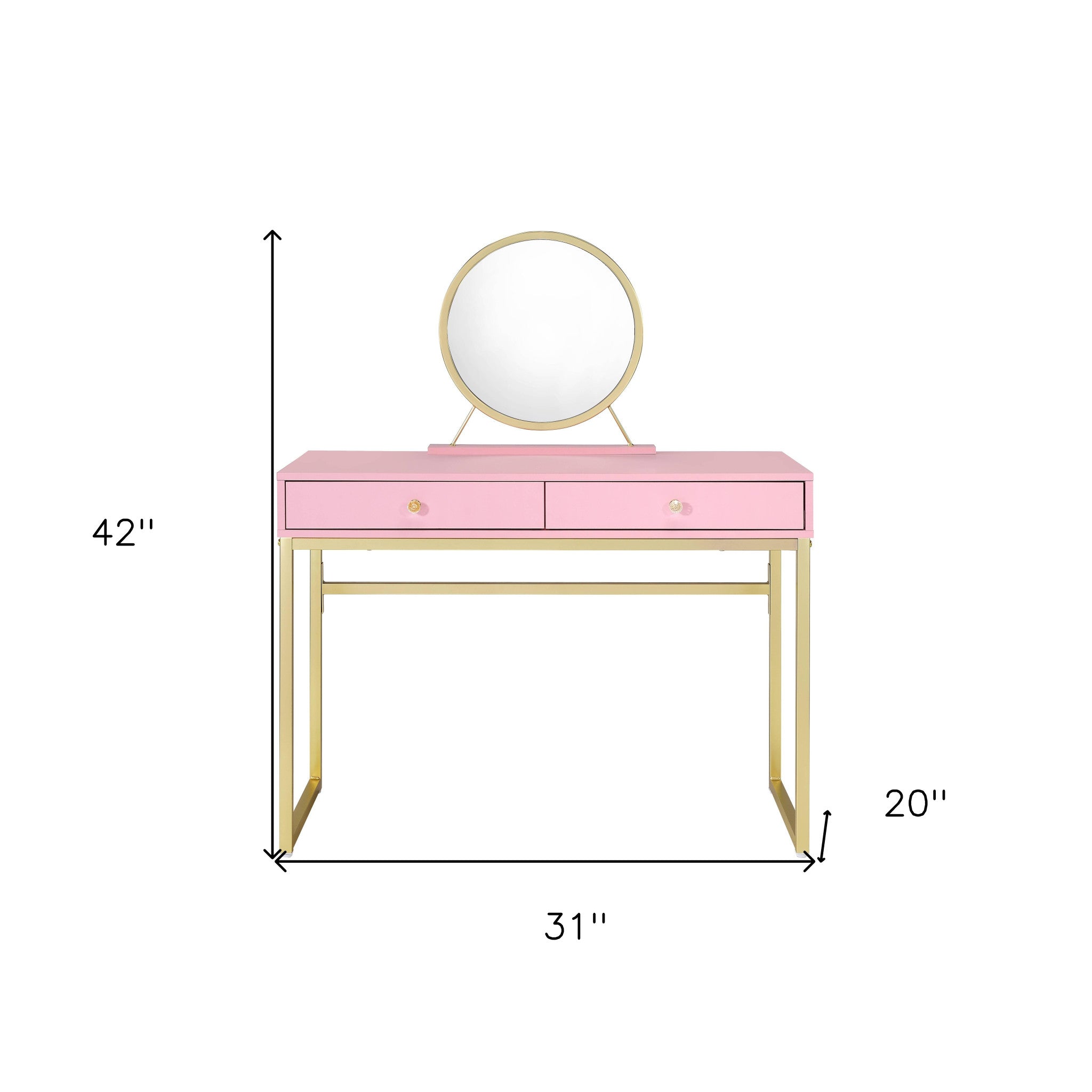 42" Gold And Pink Wood Vanity Table With Mirror And Two Drawers - Living Room