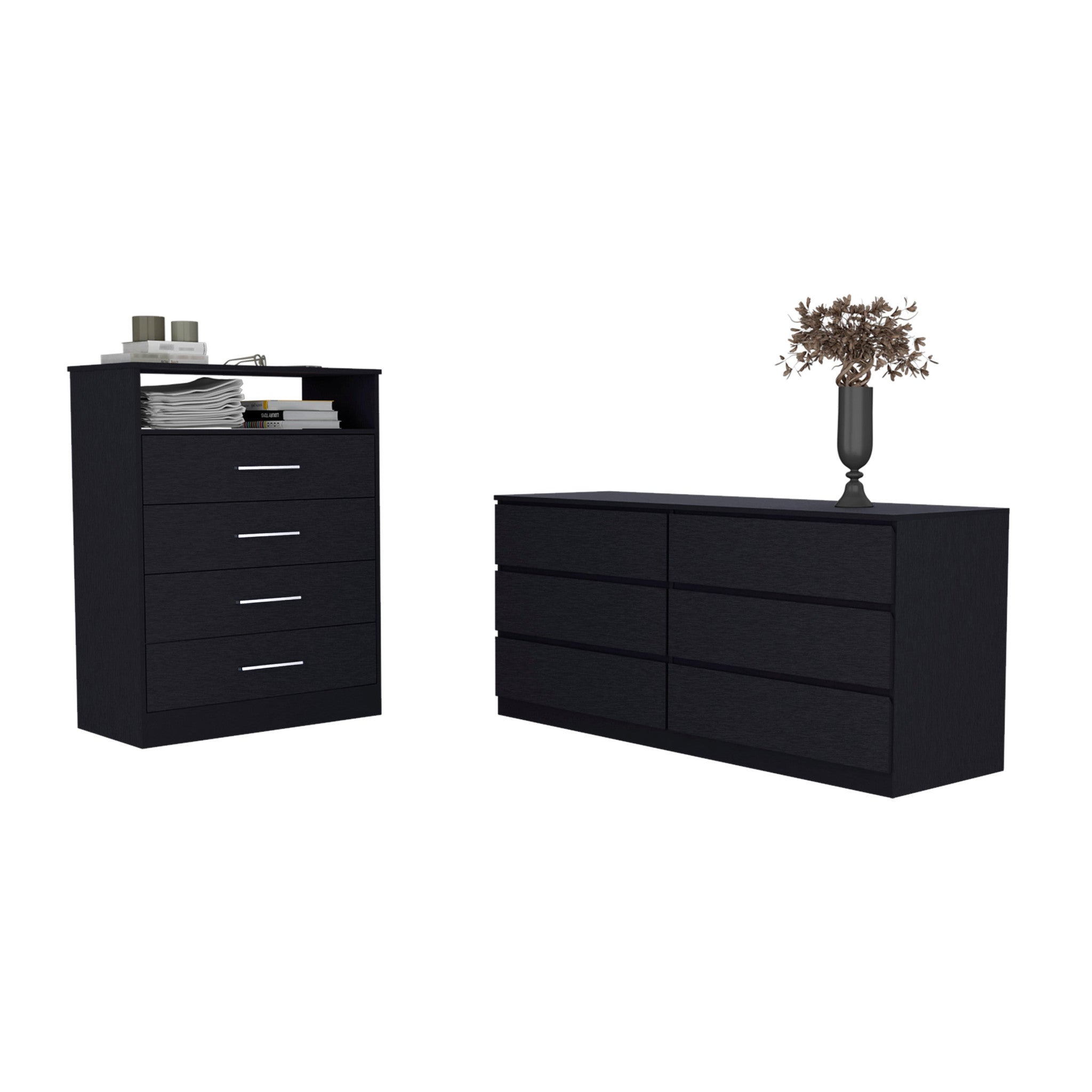 Black bedroom furniture set featuring nightstand and dresser with drawers