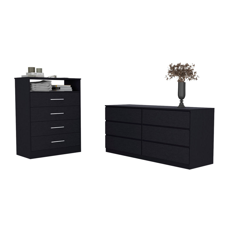 Black bedroom furniture set featuring nightstand and dresser with drawers