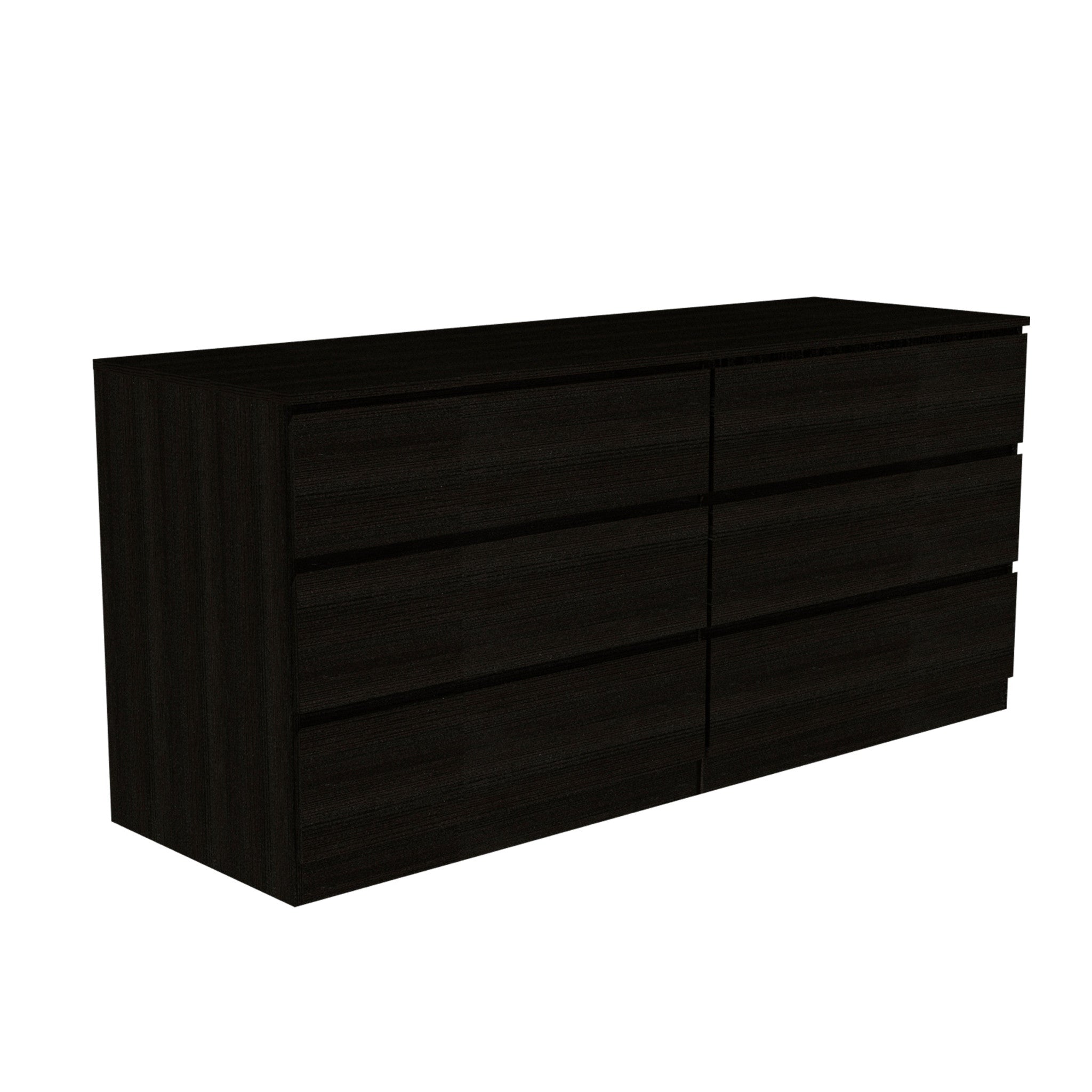 Black wooden dresser with four drawer fronts in a side view