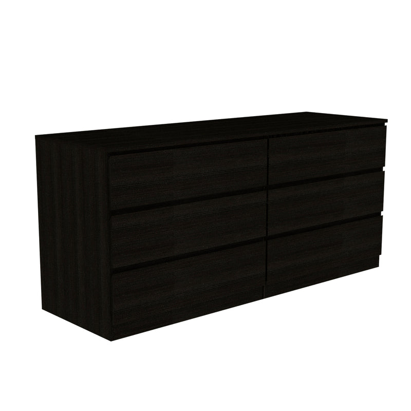 Black wooden dresser with four drawer fronts in a side view