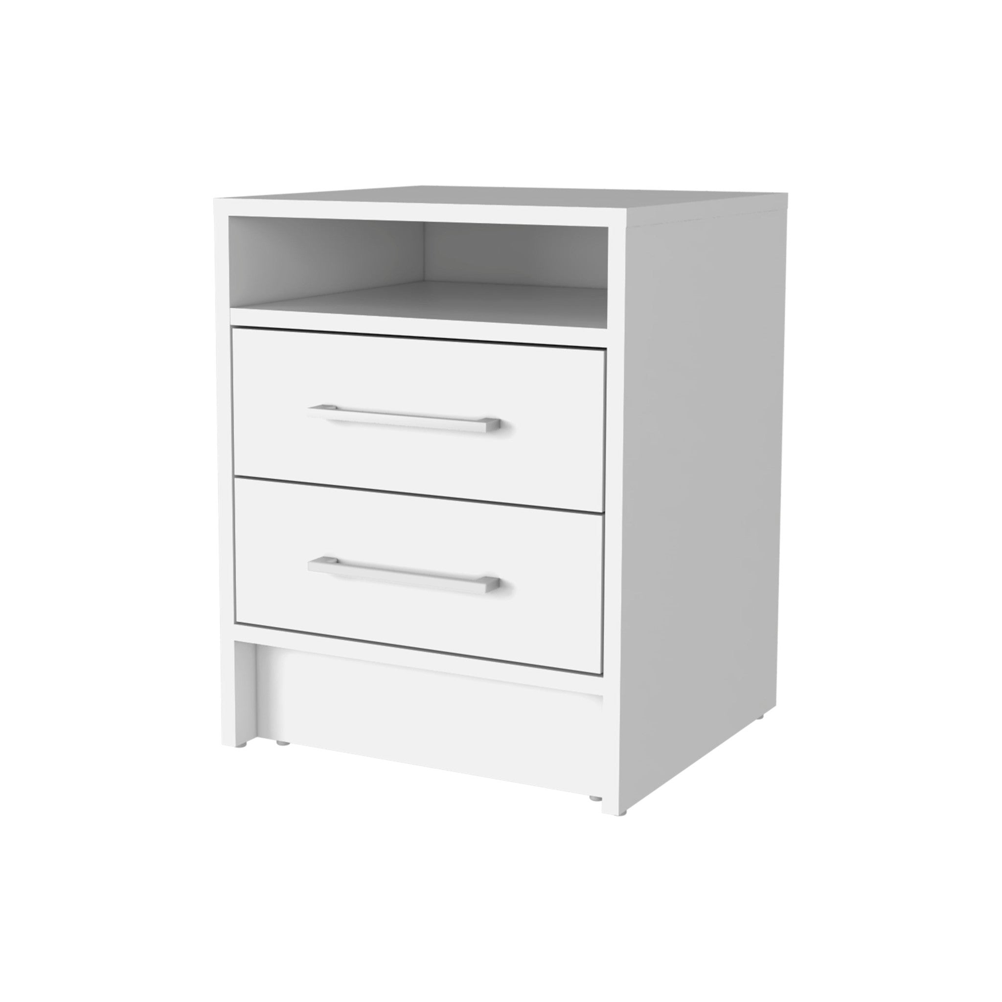 White wood nightstand with open shelf and two drawers, metal bar pulls