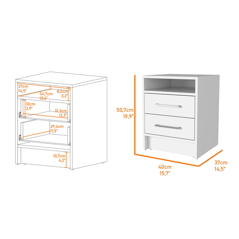 White wood nightstand with open shelf and two drawers, shown with size diagram