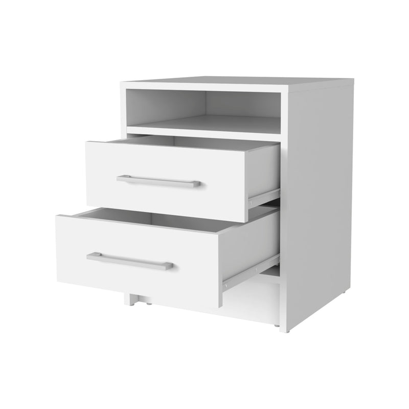 White wood nightstand with open shelf and two drawers, one drawer opened