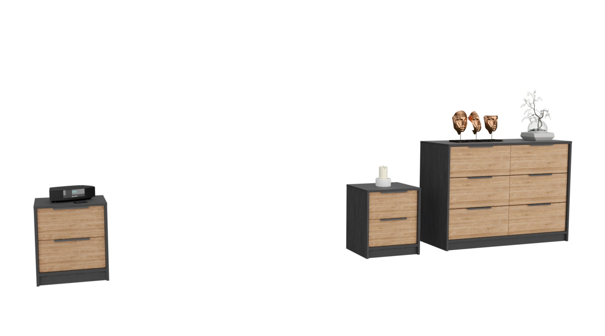 Wood-and-black bedroom furniture set with nightstand and dresser