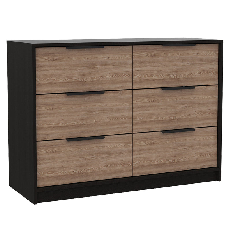 Four-drawer dresser with black frame and light wood drawer fronts