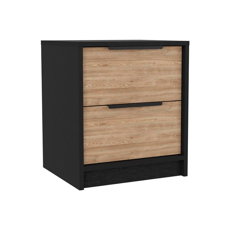 Two-drawer nightstand with black trim and light wood drawer fronts