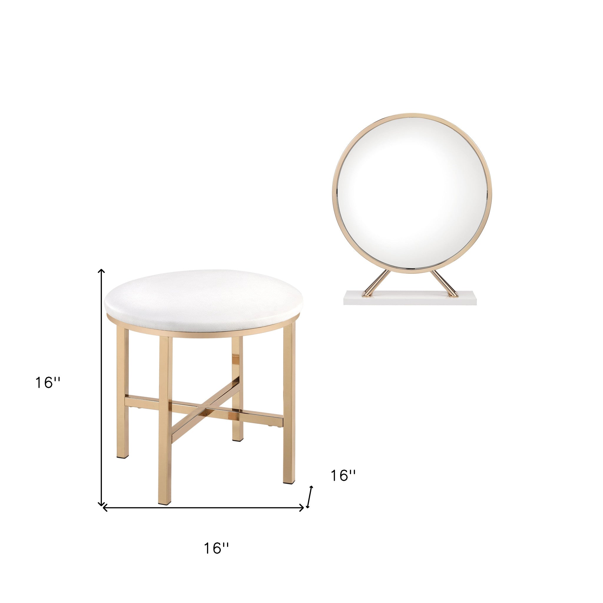 Set of Two Gold Metal And Faux Leather Round Freestanding Makeup Mirror And Stool - Bed & Bath