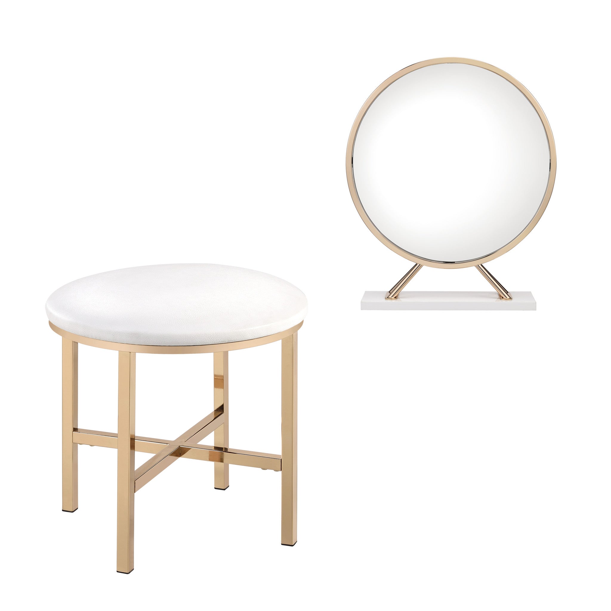 Set of Two Gold Metal And Faux Leather Round Freestanding Makeup Mirror And Stool - Bed & Bath