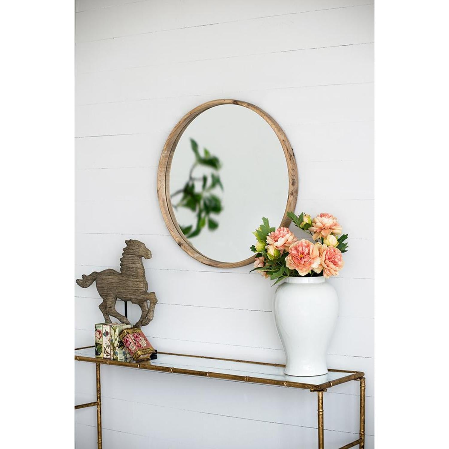 28" Brown Solid Wood Round Framed Accent Mirror - Bed & Bath