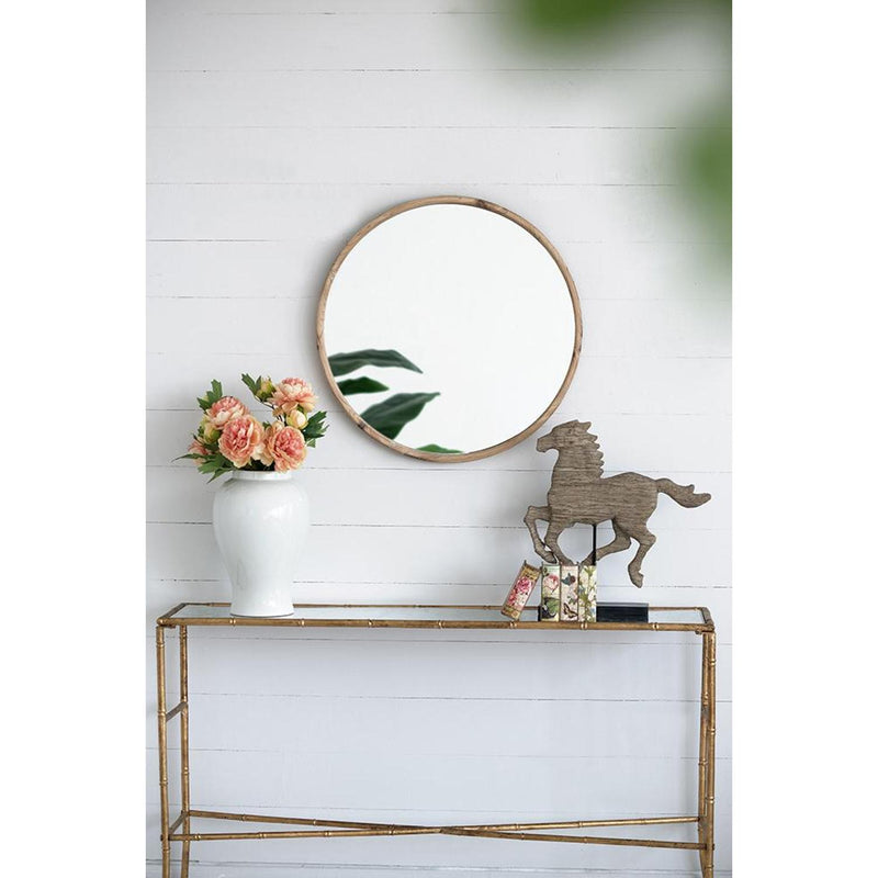 28" Brown Solid Wood Round Framed Accent Mirror - Bed & Bath
