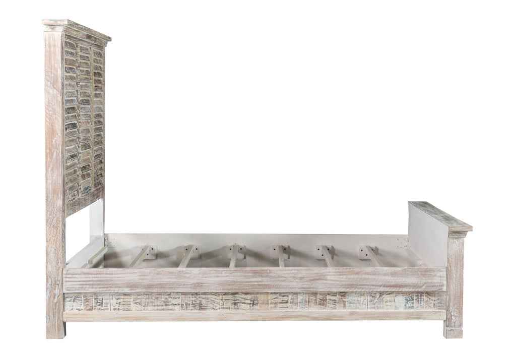 White Carved Geometric Distressed Reclaimed Wood Queen Bed Frame