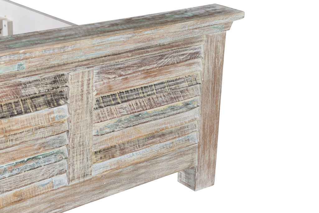 White Carved Geometric Distressed Reclaimed Wood Queen Bed Frame