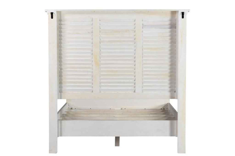 White Carved Geometric Distressed Reclaimed Wood Queen Bed Frame