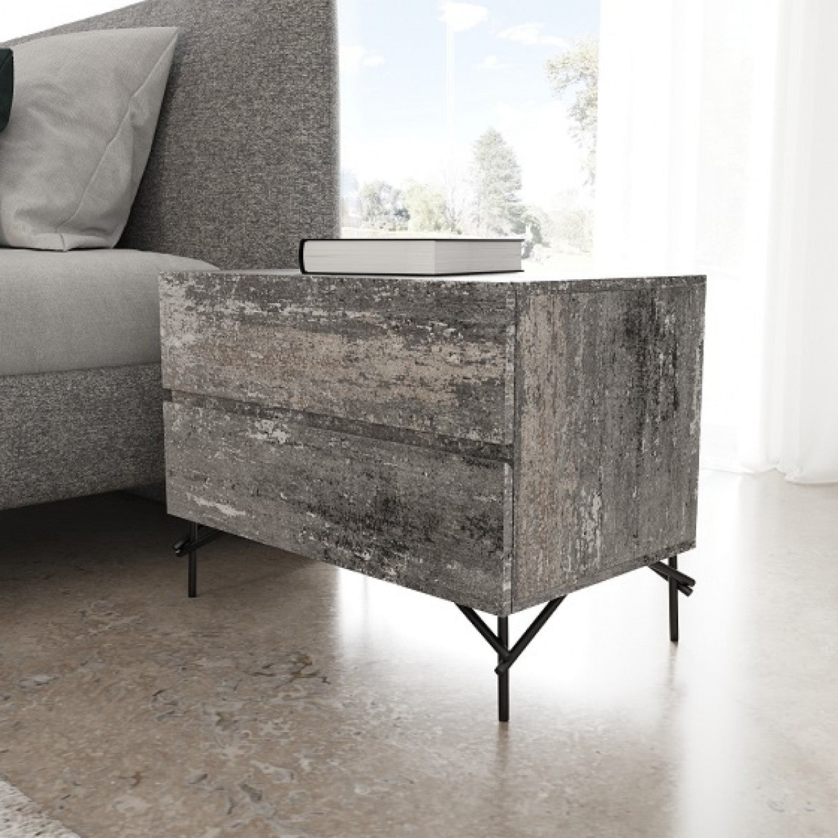 21" Gray Iron and Wood Two Drawer Nightstand - Bed & Bath