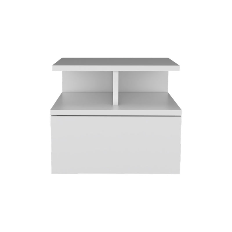 White floating nightstand with top shelf and one drawer front, minimalist design