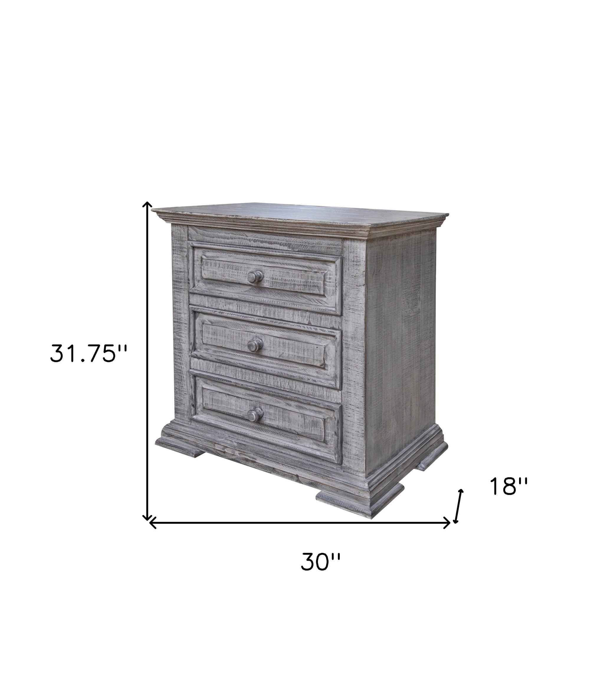 32" Gray Solid Wood Three Drawer Nightstand