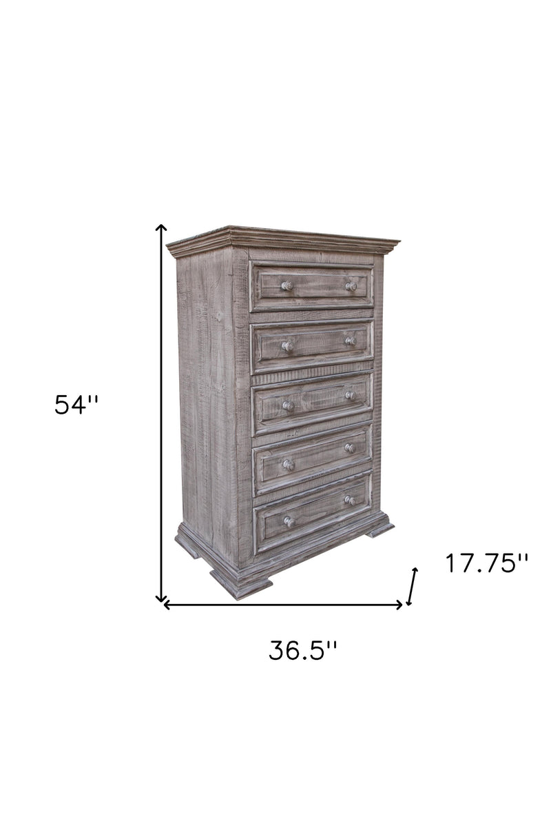 Gray solid wood five-drawer chest, 54"H x 36.5"W x 17.75"D