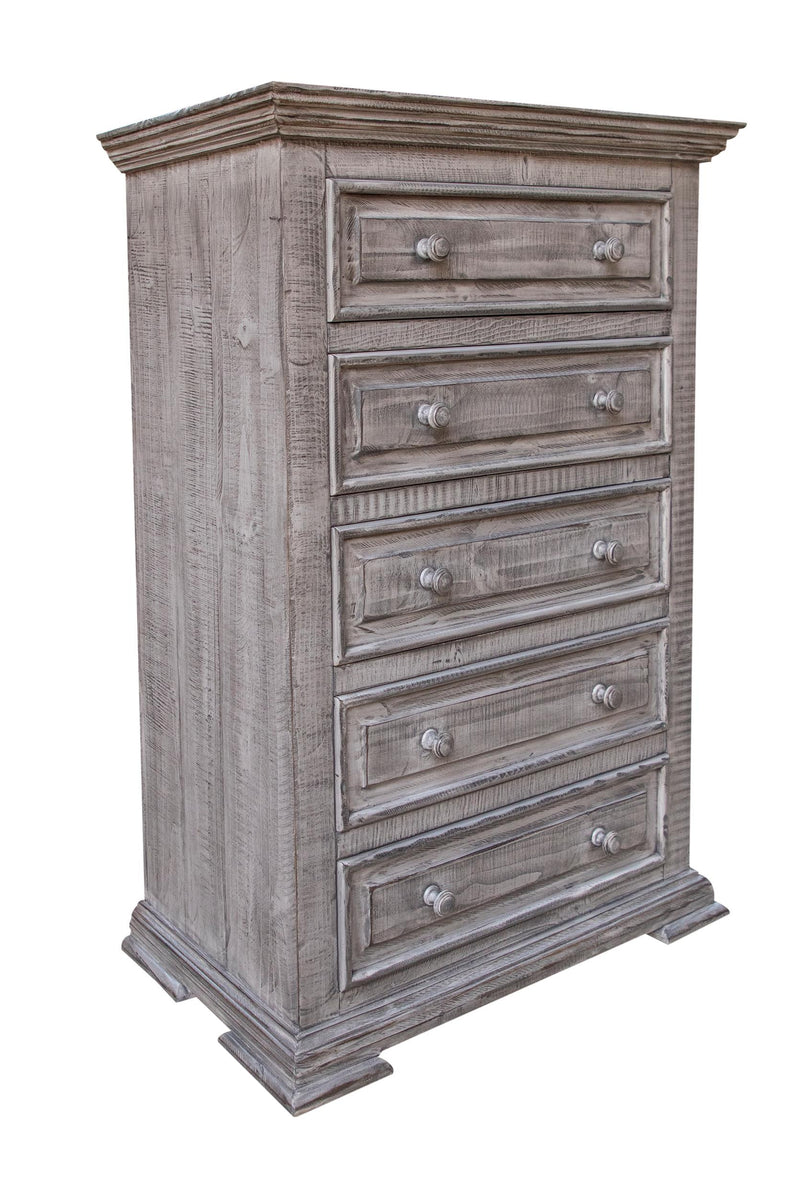 Light gray solid wood five-drawer chest with rectangular drawer fronts and round knobs