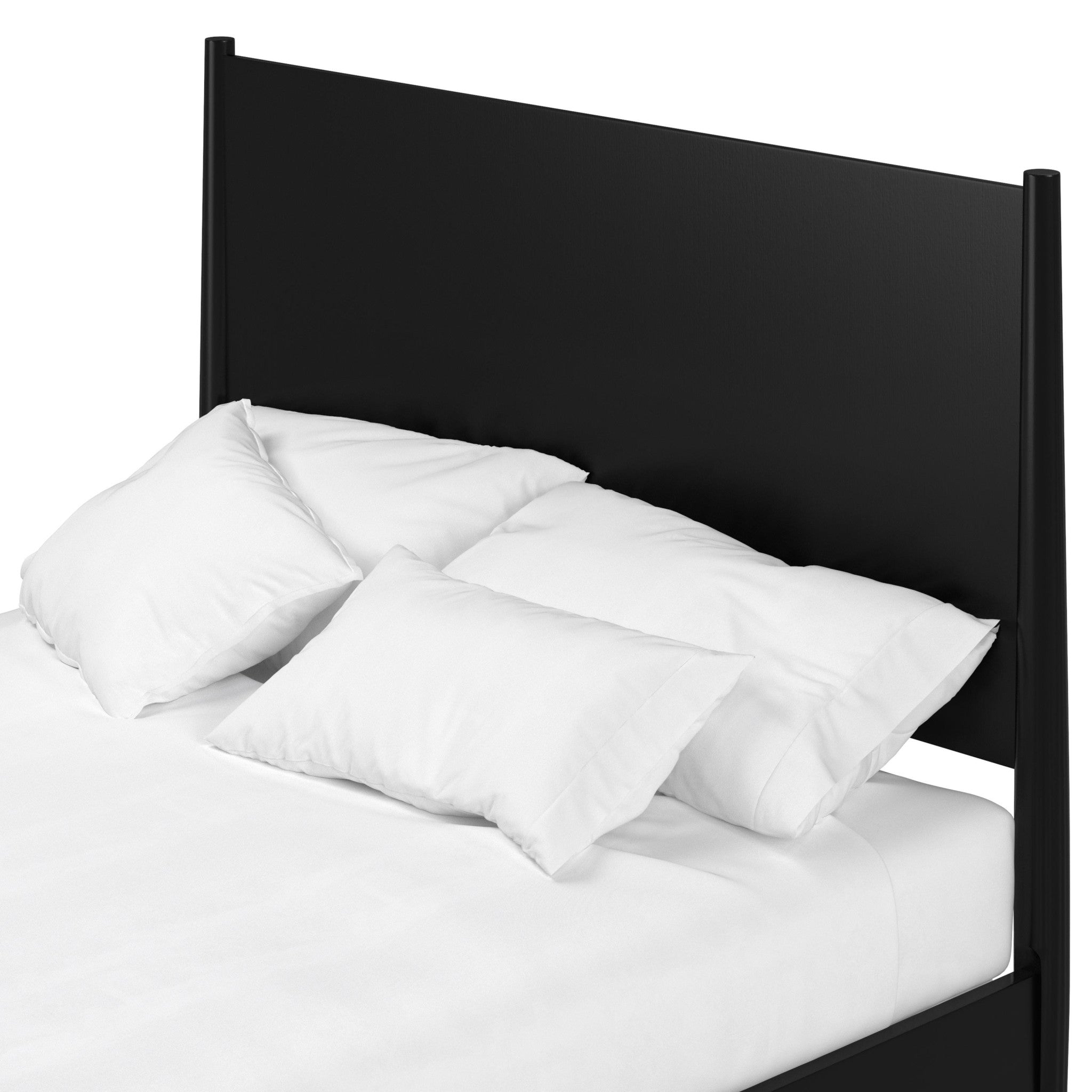 Black king bed frame headboard with panel design, shown with white pillows and comforter.