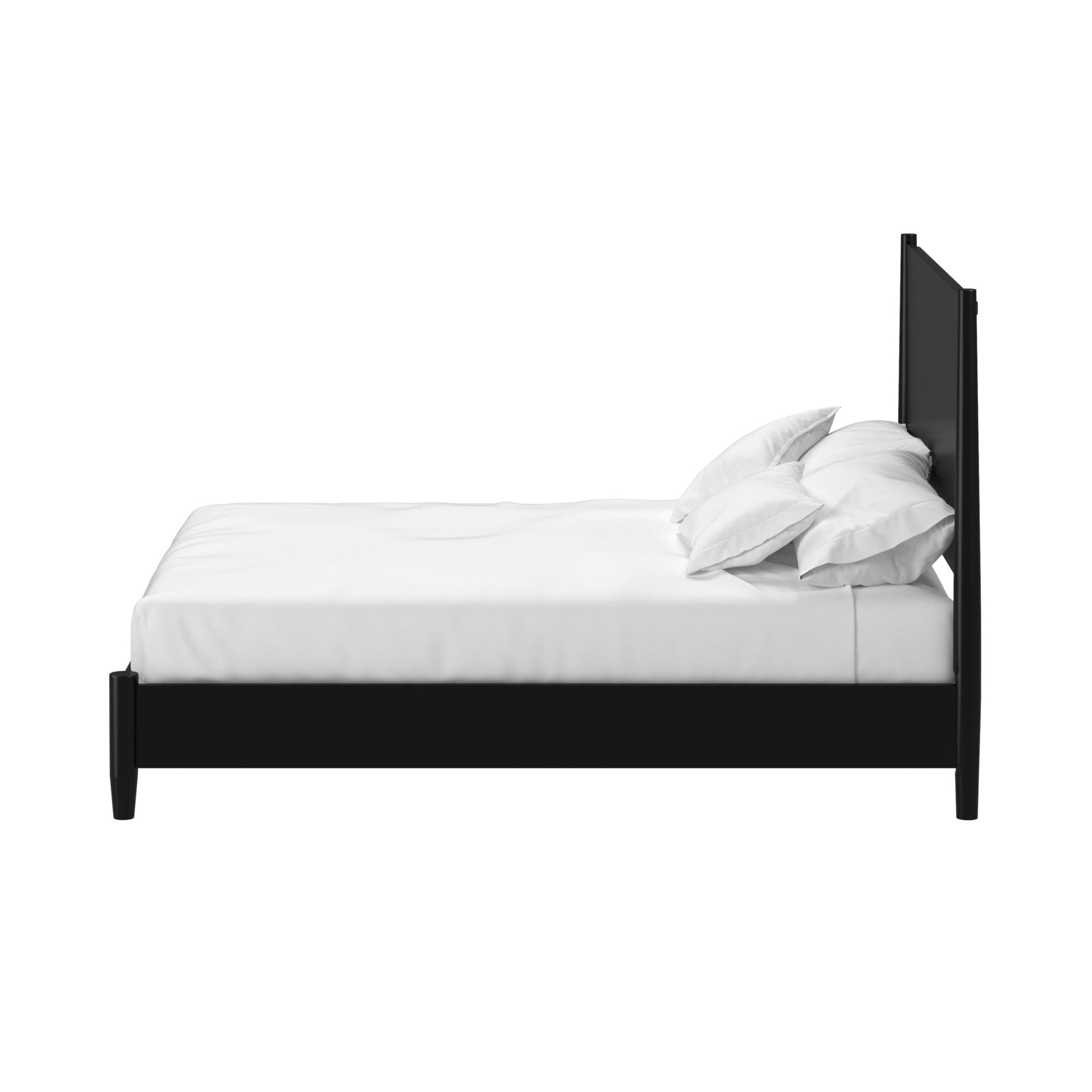 Black king bed frame with panel headboard and footboard, side view with pillows.