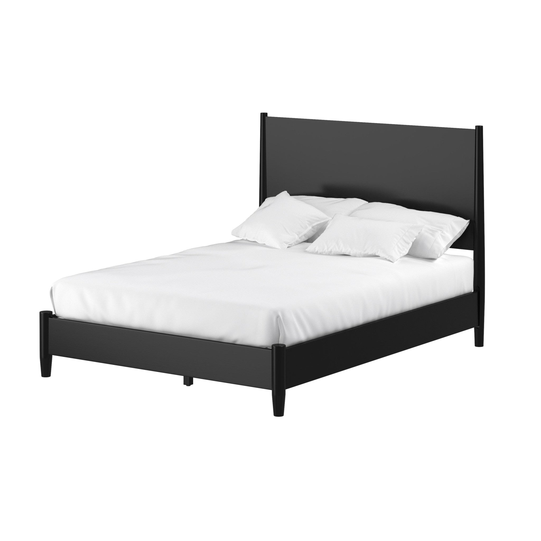 Black king bed frame with slatted headboard and tapered legs, styled with white bedding.