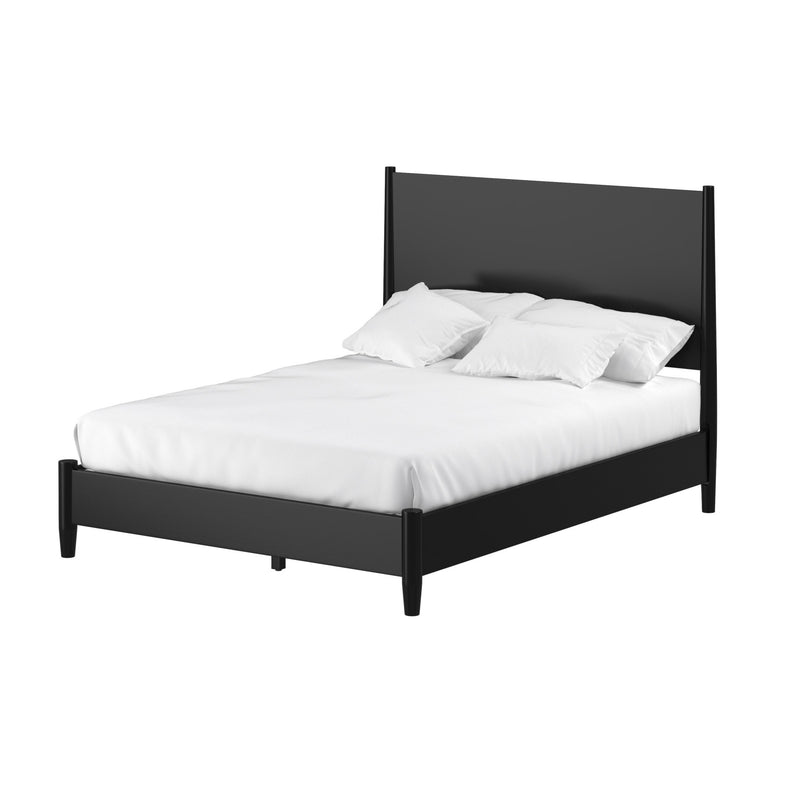 Black king bed frame with slatted headboard and tapered legs, styled with white bedding.